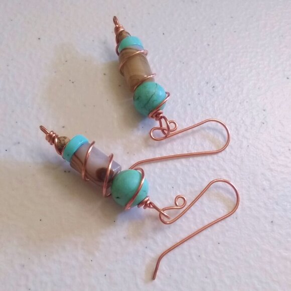 Aqua Turquoise & Tan Stack Stone Earrings ~ Handmade Copper Wire Wrap & Ear Wire - Picture 7 of 11